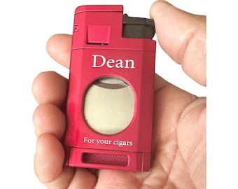 Custom Engraved Refillable Cigar Lighter: Red Finish, Triple Torch Flame, Built-in Cigar Cutter