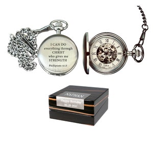 Skeleton pocket watch, Mechanical Brushed Chrome Pocket watch Engraved, Groomsmen Gift, Birthday Gift, Anniversary Gift