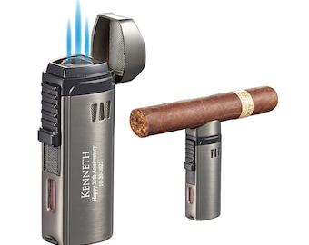 Custom Engraved Cigar Refillable Butane Lighter: Triple Torch, Built-in Cigar Punch, Cigar Rest, Anniversary Gift