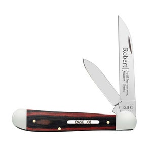 May include: A red and black Case XX pocket knife with a personalized inscription that reads "Robert | I will love you more, forever - Jessica".