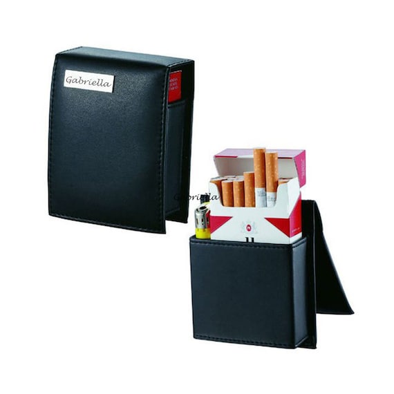 cigarette case with lighter holder Cigarette Case Engraved, Black Leatherette Regular Sized Cigarette Pack &  Slim Lighter Holder Engraved, Cigarette Case Holder VCM303