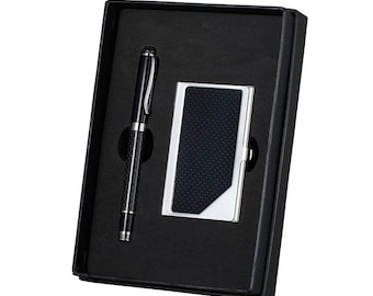 Custom Engraved Executive Pen and Business Card Set: Carbon Fiber, Stainless Steel