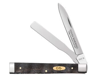 Custom Engraved Case Smooth Black Curly Oak Wood Pocket Knife: USA made