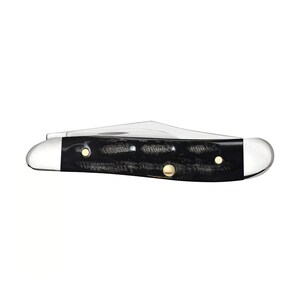 May include: A black pocket knife with a wood handle and brass accents. The blade is closed.