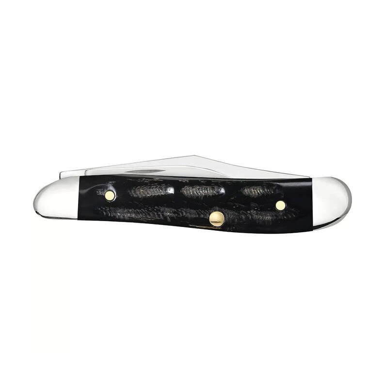 May include: A black pocket knife with a wood handle and brass accents. The blade is closed.