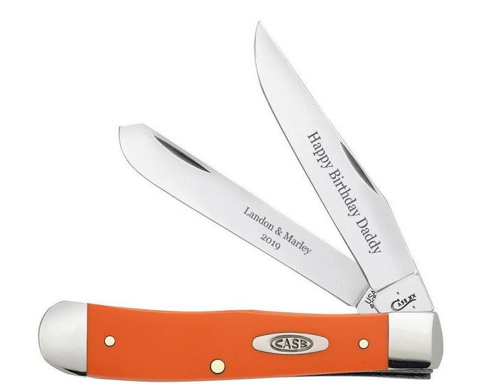 Case Knife Engraved, Case Orange Synthetic Smooth Trapper Pocket Knife