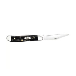 May include: A black pocket knife with a wood handle and a single blade. The knife has a brass colored logo on the handle.