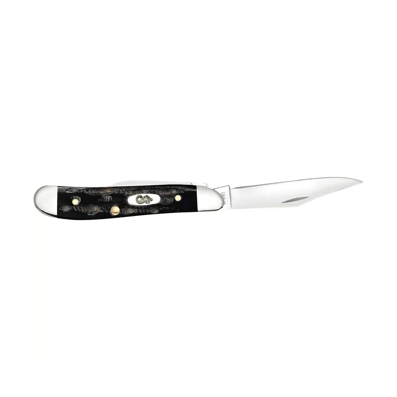 May include: A black pocket knife with a wood handle and a single blade. The knife has a brass colored logo on the handle.