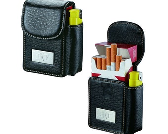 Cigarette Case Engraved, Black Leatherette For Shorts Cigarette Pack & Slim Lighter Holder Engraved, Cigarette Case Holder