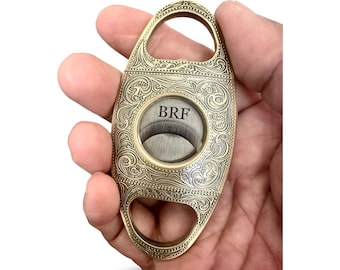 Custom Engraved Antique Gold Finish Cigar Cutter: Double Guillotine Cigar Cutters, Cuts up to 56 Gauge Cigars, Anniversary Gift
