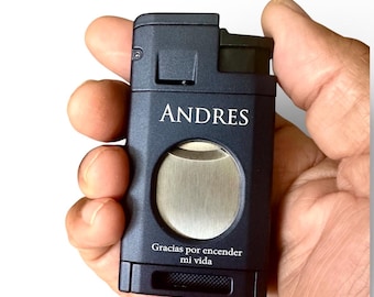Custom Engraved Refillable Cigar Lighter: Blue Finish, Triple Torch Flame, Built-in Cigar Cutter