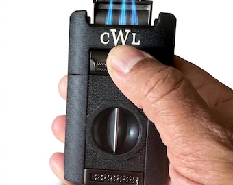 Custom Engraved Refillable Cigar Lighter: 4-in -1 - Quad Torch, Guillotine Cutter, V-Cut Cutter, Cigar Punches and Poker, Anniversary Gift