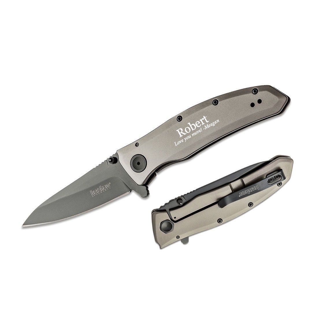 Kershaw Pocket Knife Engraved. Grid Assisted Flipper 3.7 Black Blade