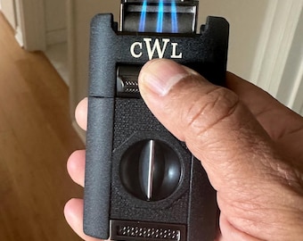 Custom Engraved Refillable Cigar Lighter: 4-in -1 - Quad Torch, Guillotine Cutter, V-Cut Cutter, Cigar Punches and Poker, Anniversary Gift