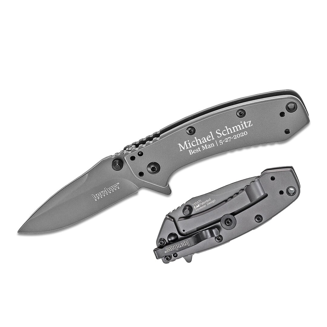 Kershaw Pocket Knife Engraved. Cryo Assisted Flipper Knife 2.75 Gray