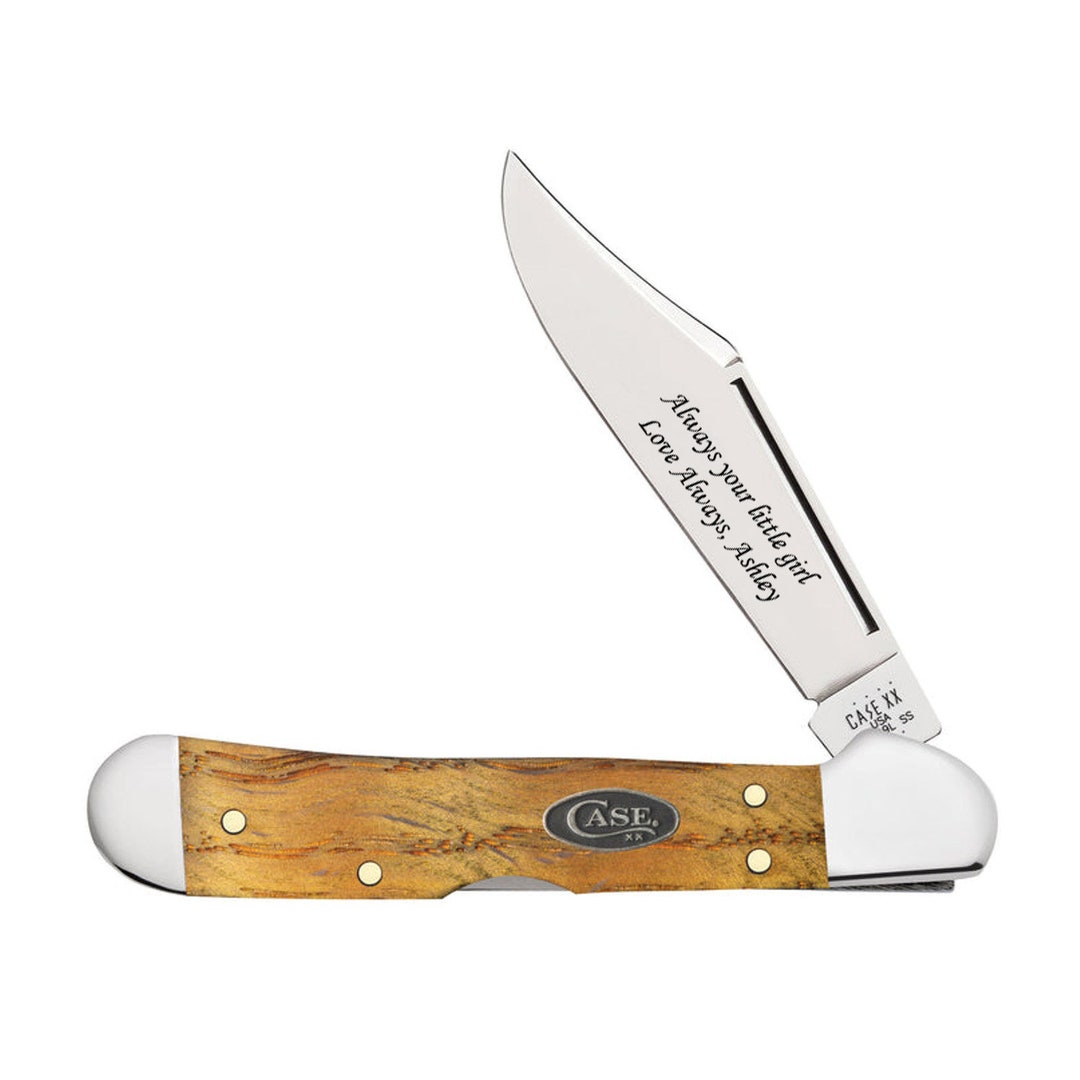 Case Knife Engraved, Yellow Curly Oak Mini Copperlock Pocket Knife