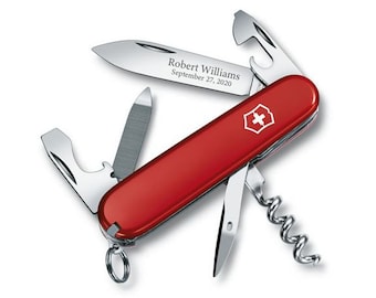 Victorinox Swiss Army Knife Engraved, Swiss Army Sportsman 3.31" Red knife, Groomsmen Knife, Fathers day Gift, Genuine Swiss Made