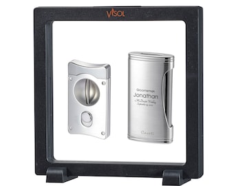 Custom Engraved Set of Cigar Lighter & Cutter: Double Torch Lighter, V-Cut Cigar Cutter, Fathers Day Gift, Anniversary Gift