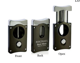 Custom Engraved Gunmetal Finish V-Cut Cigar Cutter: Cuts up to 62 Ring Gauge Cigars; Groomsmen Gift