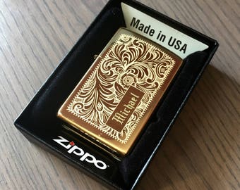 Custom Engraved Zippo Venetian High Polish Brass Lighter: Refillable Windproof Pocket lighter, Made in USA