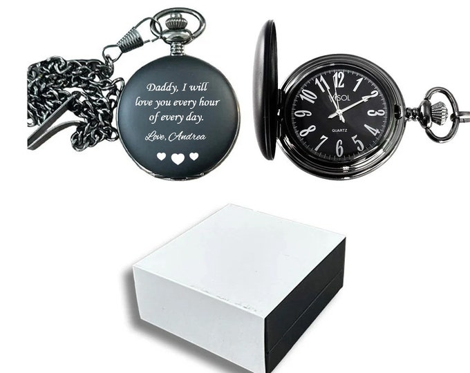 Pocket Watch Engraved, Black Matte Finish Quartz Pocket Watch Engraved, Groomsmen Pocket Watch, Birthday Gift, Anniversary Gift - VPW011
