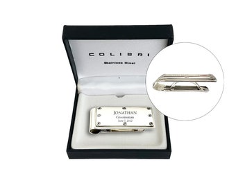 6 Custom Engraved Colibri Stainless Steel Money Clips: Spring-loaded, Holds up to 20 Folded Bills, Money clips for men