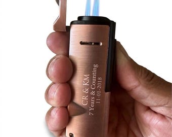Engraved Copper Finish Cigar Refillable Lighter: Triple Flame, Built-in Cigar Punch, 7th anniversary gift, Copper Anniversary gift