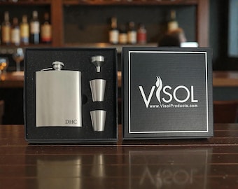 Custom Engraved Flask Set: 8 oz Brush Polish Classic Stainless Steel Hip Flask with Two Shot Cups and a Funnel