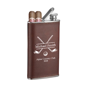 Custom Engraved Cigar Flask: Holds 2 Cigars of up to 46 Ring Gauge; Up to 4oz of Beverage, Golf gift, Golf Gifts For Men, Anniversary Gift