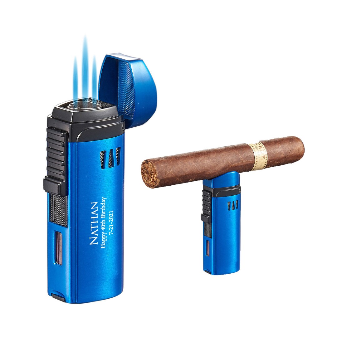 Cigars Lighter Engraved, Blue Matte Triple Torch Cigars Lighter