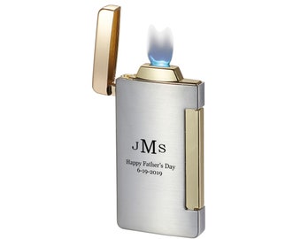 Custom Engraved Refillable Cigar Lighter: Silver, Flat Torch Flame, Groomsmen Gift, Fathers day Gift, Anniversary gift