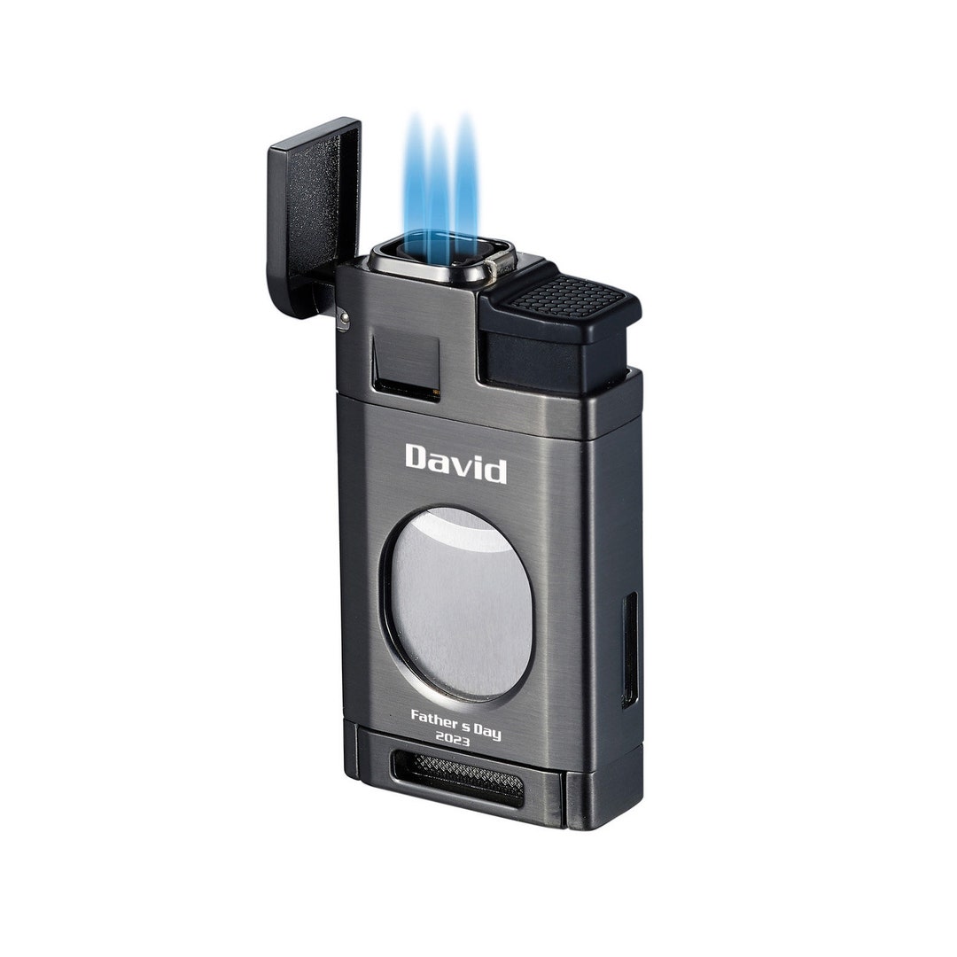 Cigar Lighter Engraved, Gunmetal Finishtriple Flame Lighter With Cigars