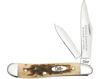 Custom Engraved Case Amber Bone Peach Seed Jig Peanut Knife: USA made