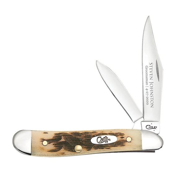 Case Knife Engraved, Case Amber Bone Peach Seed Jig Peanut Knife