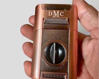 Custom Engraved Copper Finish Refillable Cigar Lighter: 4-in-1 - Quad Torch, Guillotine Cutter, V-Cut Cutter, Cigar Punches and Poker
