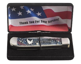 Custom Engraved Case Trapper Pocket Knife: U.S. Veterans Embellished, Natural Bone Handle, USA made