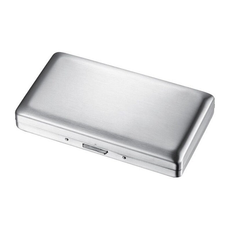 May include: A silver metal cigarette case with a brushed finish and a hinged lid.