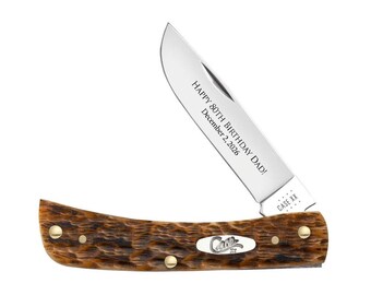 Custom Engraved Case Peach Seed Jig Sod Buster Jr Knife: Amber Bone Handle, USA made