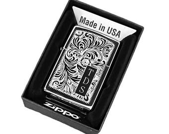 6 Custom Engraved Zippo Venetian High Polish Chrome Lighters: Refillable Windproof Pocket lighter, Made in USA