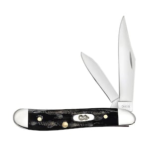 May include: A Case XX pocket knife with a black bone handle and two blades. The knife is open and the blades are visible. The knife has a gold Case logo on the handle.