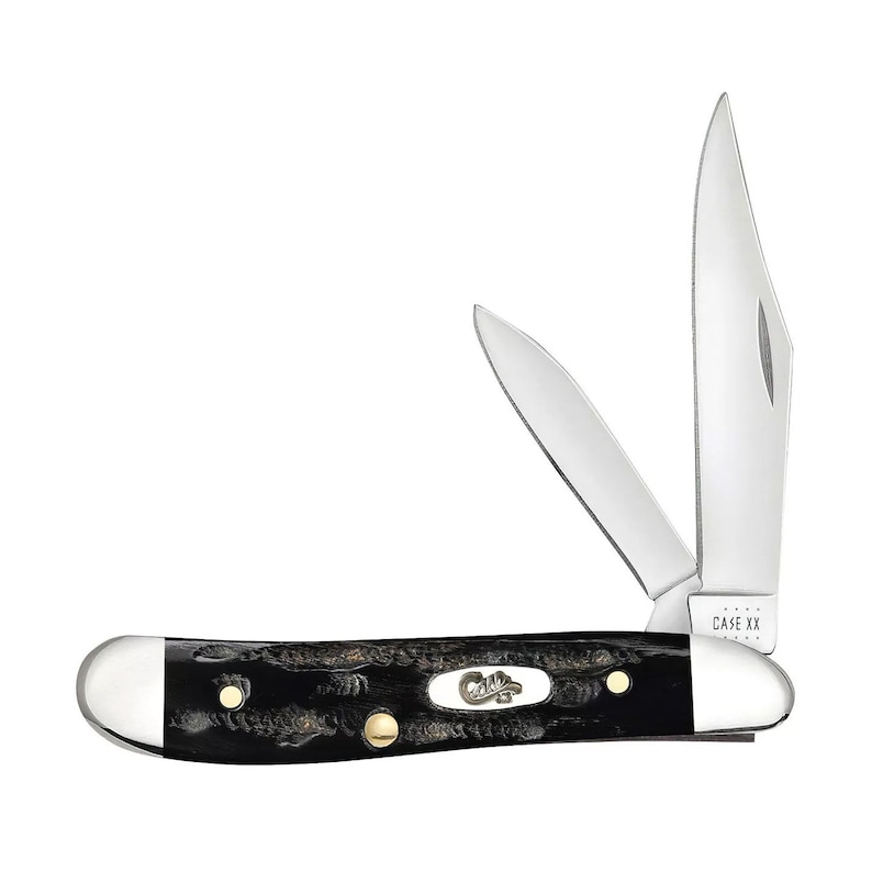 May include: A Case XX pocket knife with a black bone handle and two blades. The knife is open and the blades are visible. The knife has a gold Case logo on the handle.