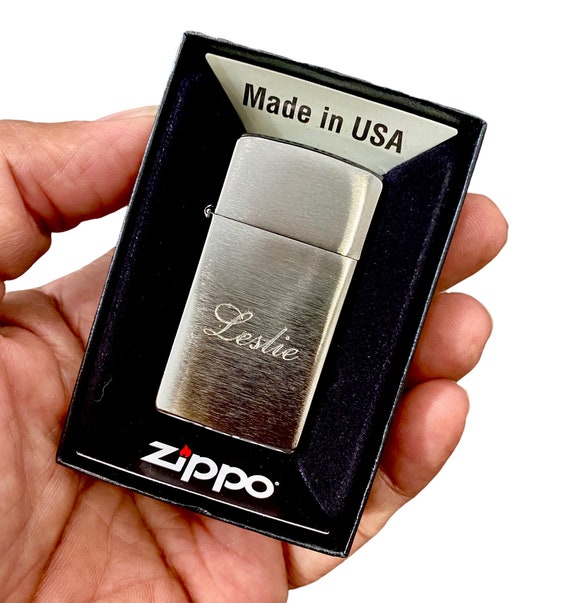 Genuine Zippo Lighter Personalized, Slim Brushed Chrome Zippo
