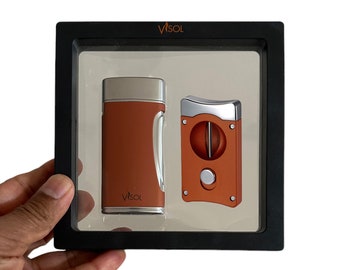 Custom Engraved Set of Cigar Lighter & Cutter: Double Torch Lighter, V-Cut Cigar Cutter, Fathers Day Gift, Anniversary Gift