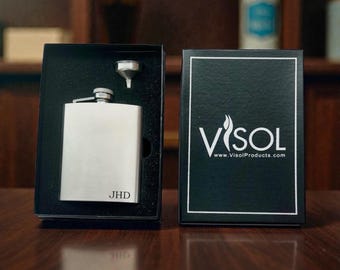 Custom Engraved Flask Set: 8oz Brush Polished Classic Stainless Steel Hip Flask with Funnel
