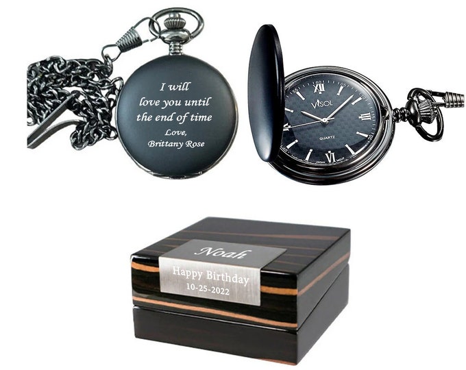 Pocket Watch Personalized, Black Matte Quartz Pocket Watch Engraved, Groomsmen Pocket Watch, Birthday Gift, Anniversary Gift - VPW016