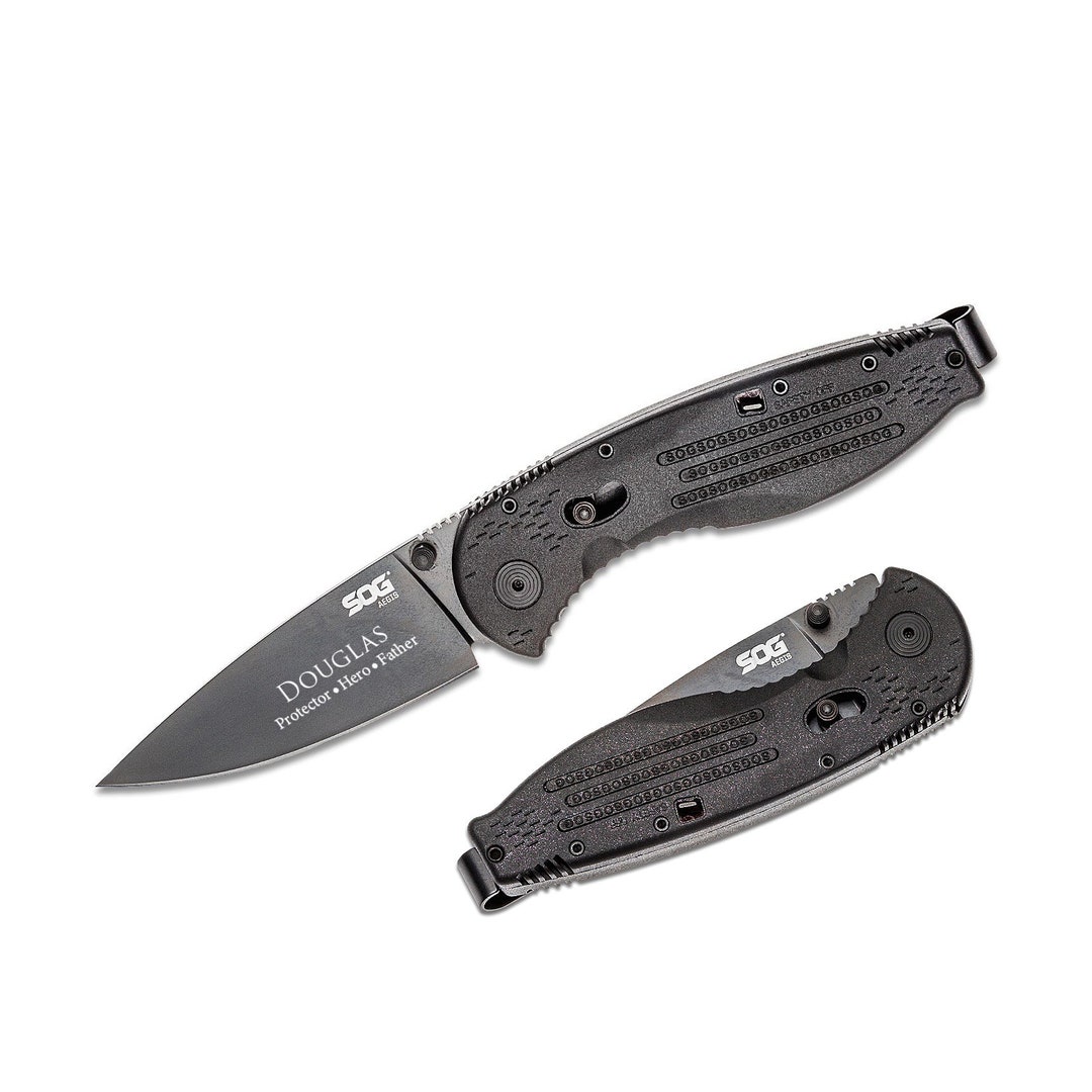 SOG Knife Engraved, SOG Aegis Folding Knife Assisted 3.5 Black Pocket