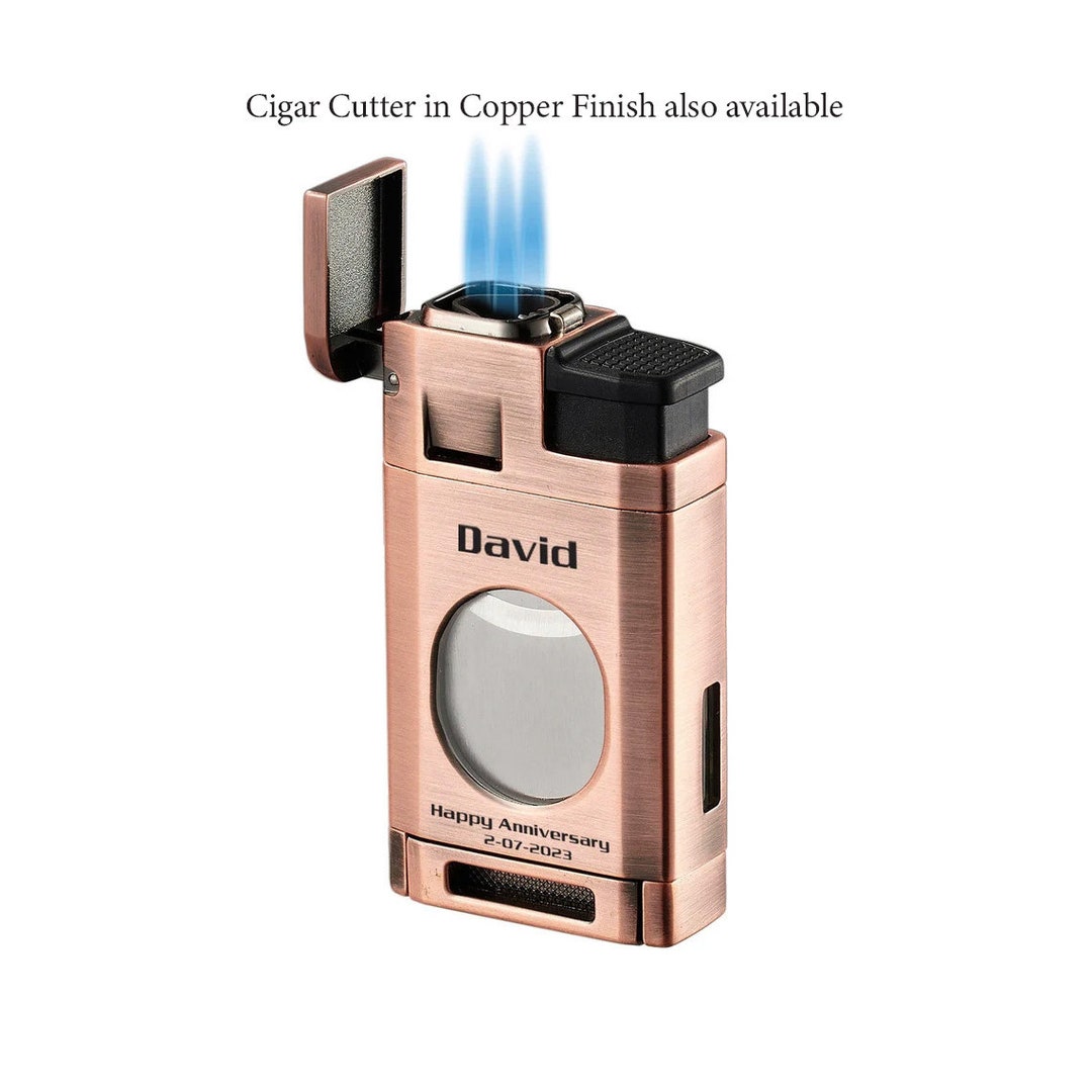 Cigar Lighter Engraved, Copper Finish Triple Flame Lighter With Cigars