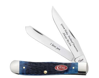Custom Engraved Case Trapper Pocket knife: Rogers Jig Navy Blue Bone Handle, USA made