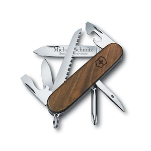 Victorinox Swiss Army Knife Engraved, Swiss Army Hiker 3.58&quot; Walnut Wood Knife, Groomsmen Knife, Fathers day Gift, Genuine Swiss Made