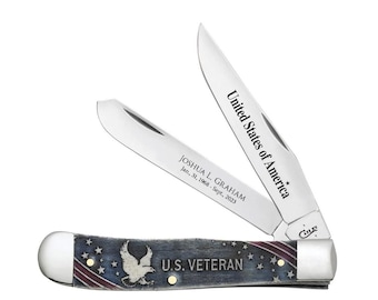 Custom Engraved Case U.S. Veterans Embellished Natural Bone Trapper Stainless Pocket Knife: USA made
